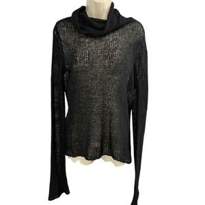 Free People Black Sheer Open Knit Cowl Neck Merino Wool Sweater Small